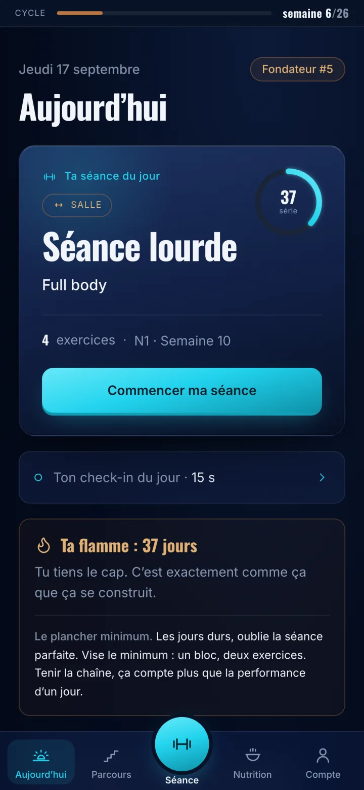 L’écran du jour de l’app : ta séance, ta série, et tes 37 jours d’affilée