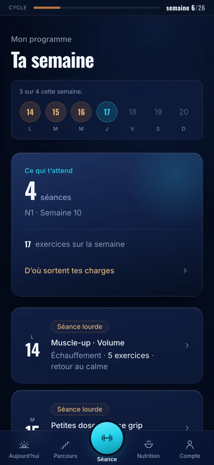 Ta semaine dans l’app : 4 séances, 17 exercices, jour par jour
